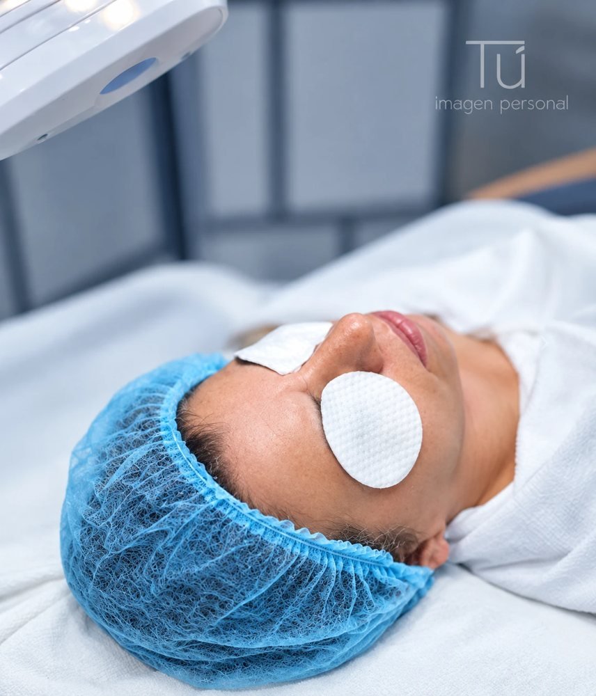 Clienta preparada con gorro y protección en los ojos para un tratamiento facial con láser