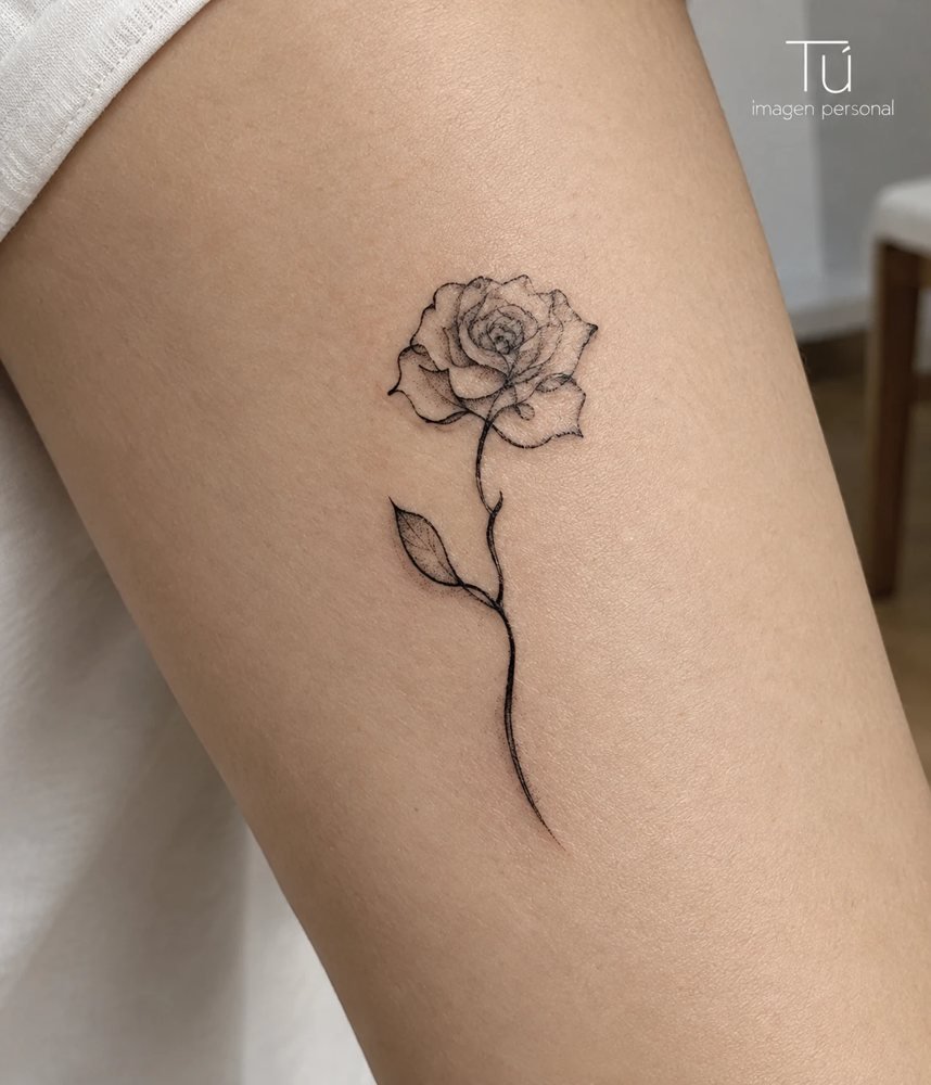 Tatuaje de línea fina de una rosa con tallo y hoja