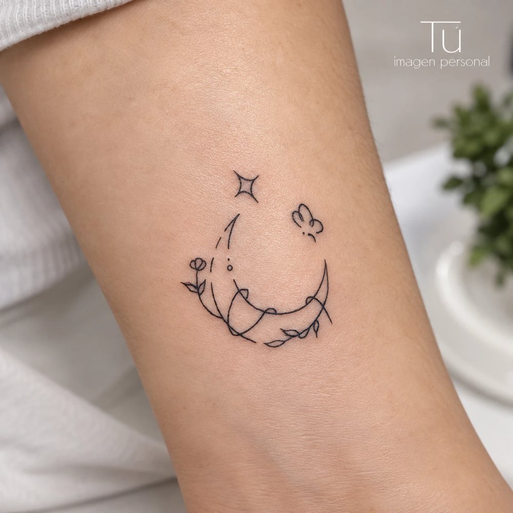 Tatuaje de línea fina de una luna con flores, una estrella y una mariposa